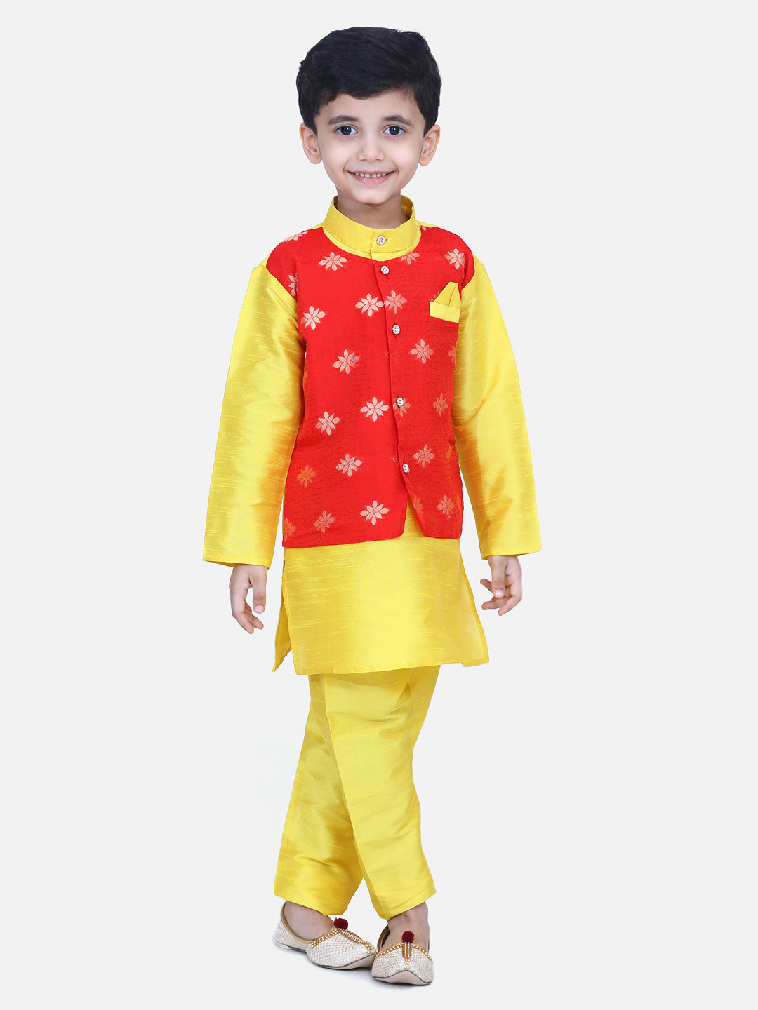 BownBee Attached Chiffon Jacket Full Sleeve Kurta Pajama- Yellow