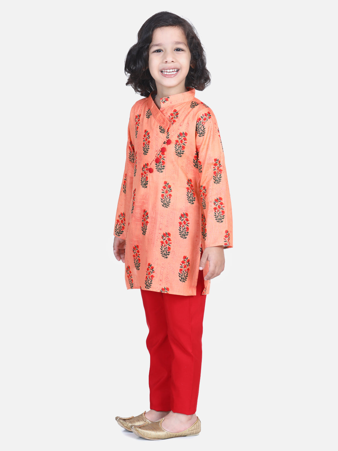 BownBee Floral Print Full Sleeve Pure Cotton Kurta Pajama- Peach