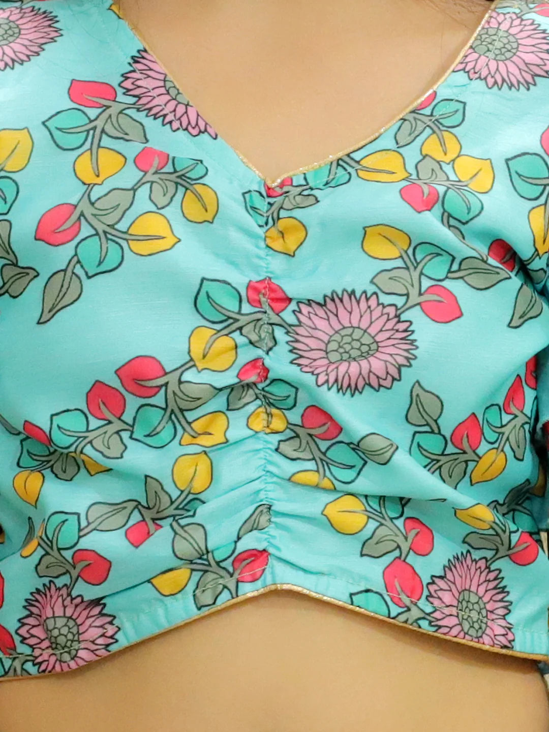 BownBee Chanderi Floral Top with Lehenga for Girls
