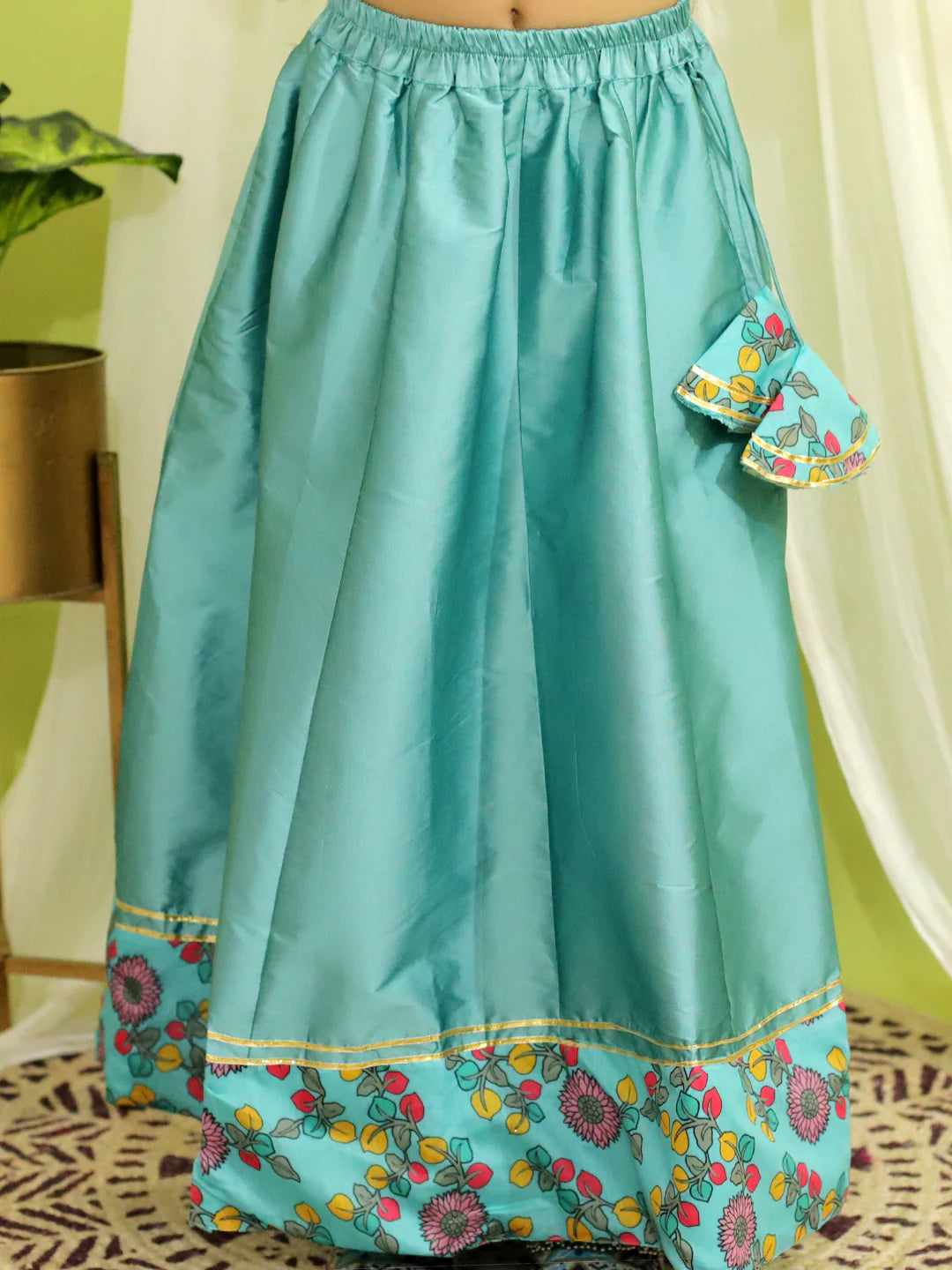 BownBee Chanderi Floral Top with Lehenga for Girls