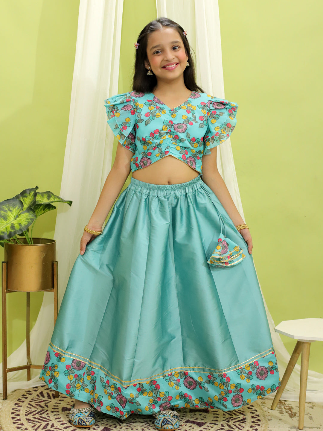 BownBee Chanderi Floral Top with Lehenga for Girls- Blue