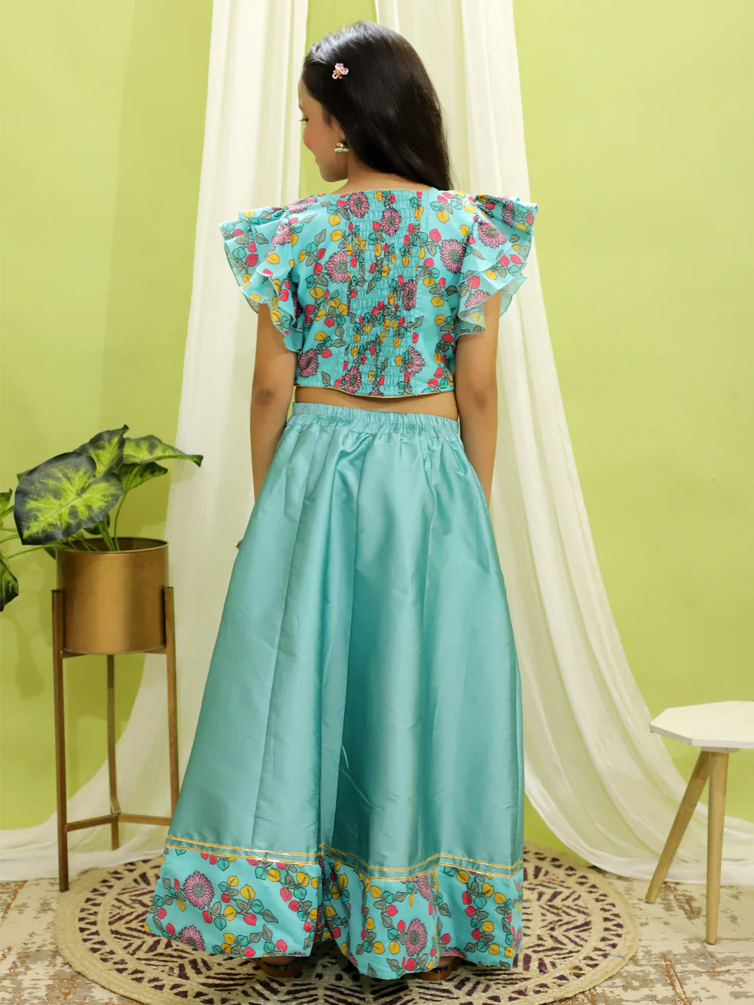 BownBee Chanderi Floral Top with Lehenga for Girls