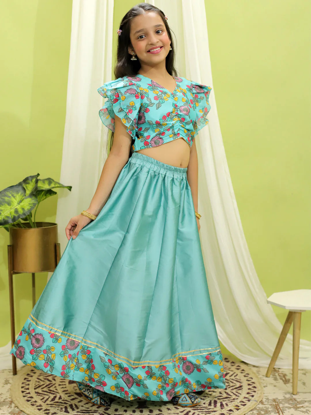 BownBee Chanderi Floral Top with Lehenga for Girls