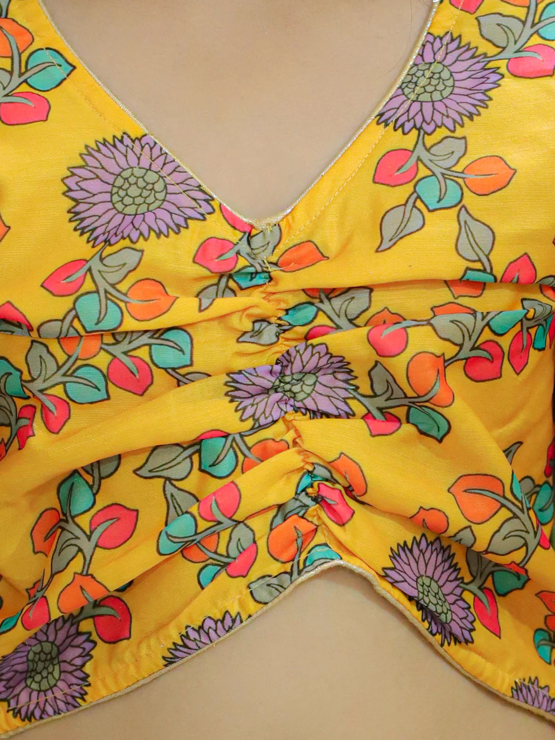 BownBee Chanderi Floral Top with Lehenga for Girls