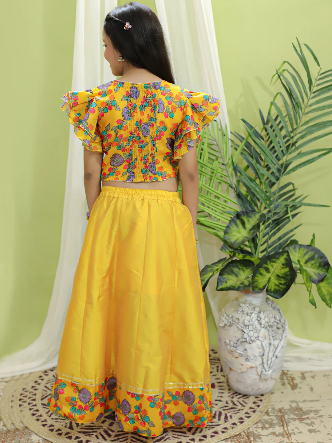 BownBee Chanderi Floral Top with Lehenga for Girls