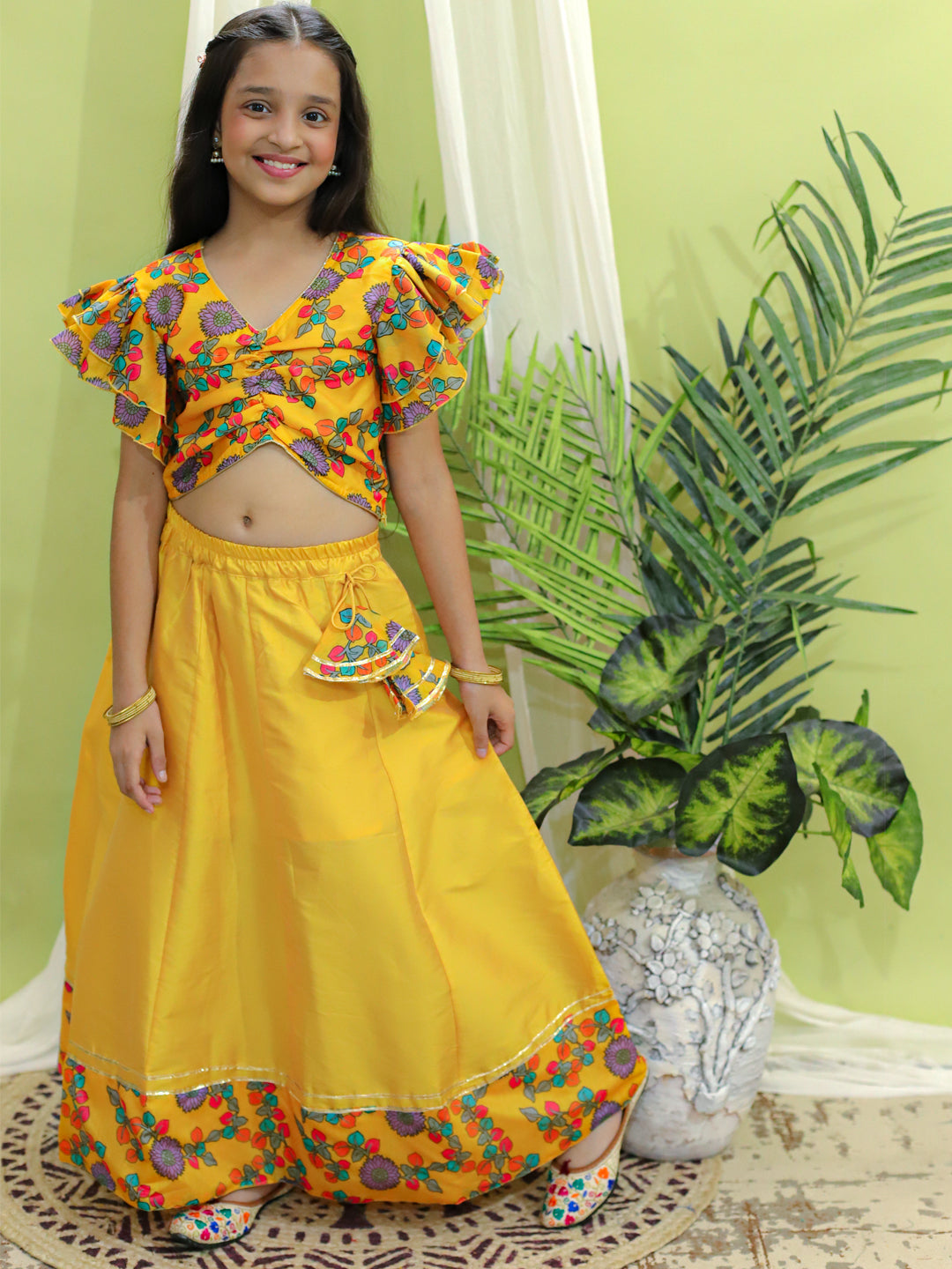 BownBee Chanderi Floral Top with Lehenga for Girls- Yellow