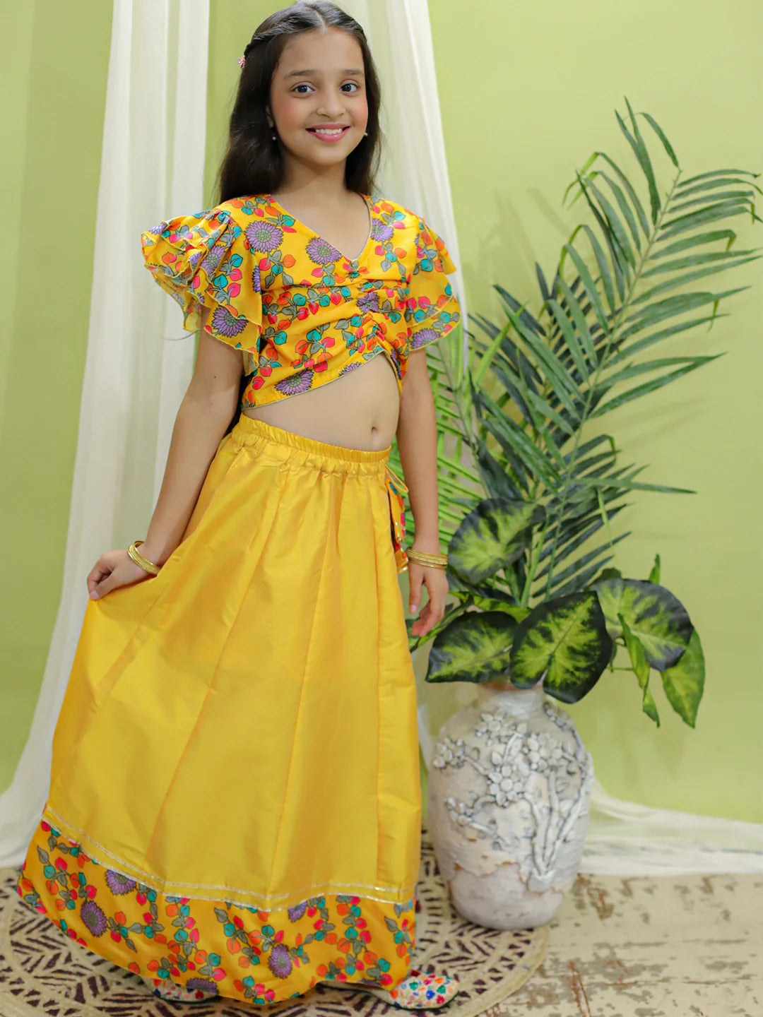 BownBee Chanderi Floral Top with Lehenga for Girls
