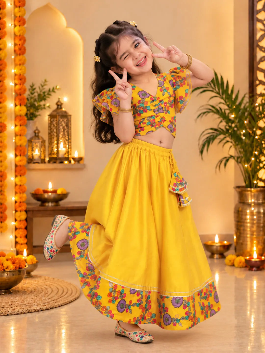 BownBee Chanderi Floral Top with Lehenga for Girls- Yellow