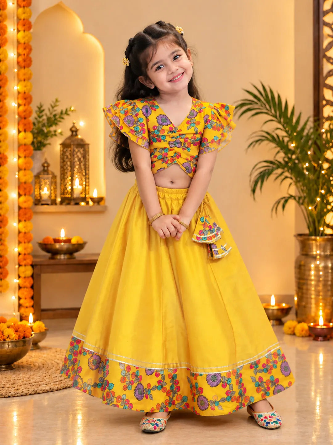 BownBee Chanderi Floral Top with Lehenga for Girls- Yellow