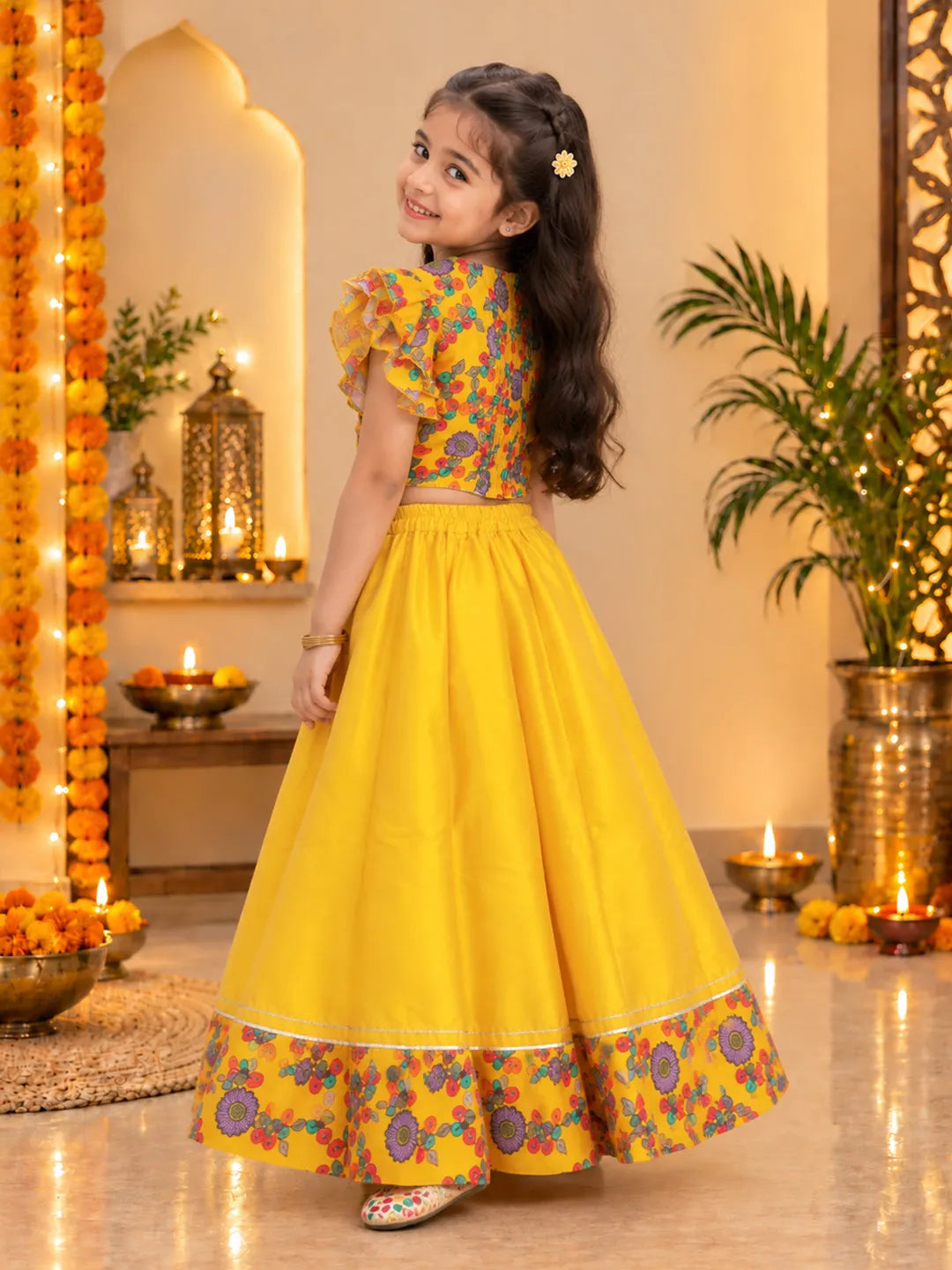 BownBee Chanderi Floral Top with Lehenga for Girls- Yellow
