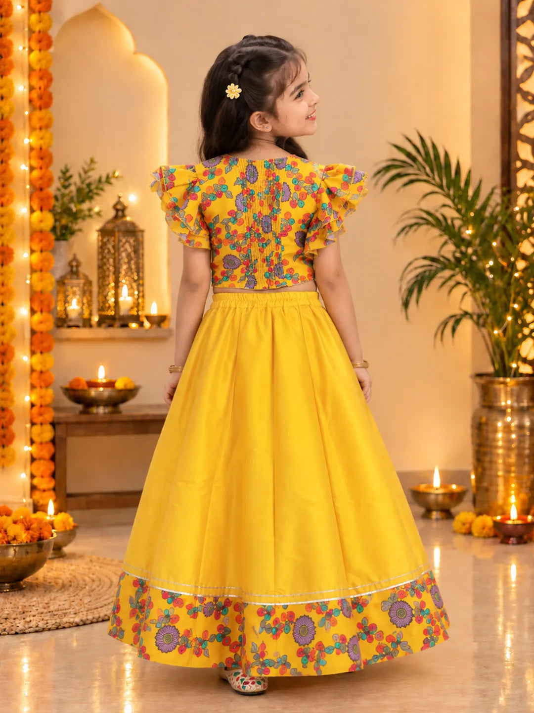 BownBee Chanderi Floral Top with Lehenga for Girls- Yellow