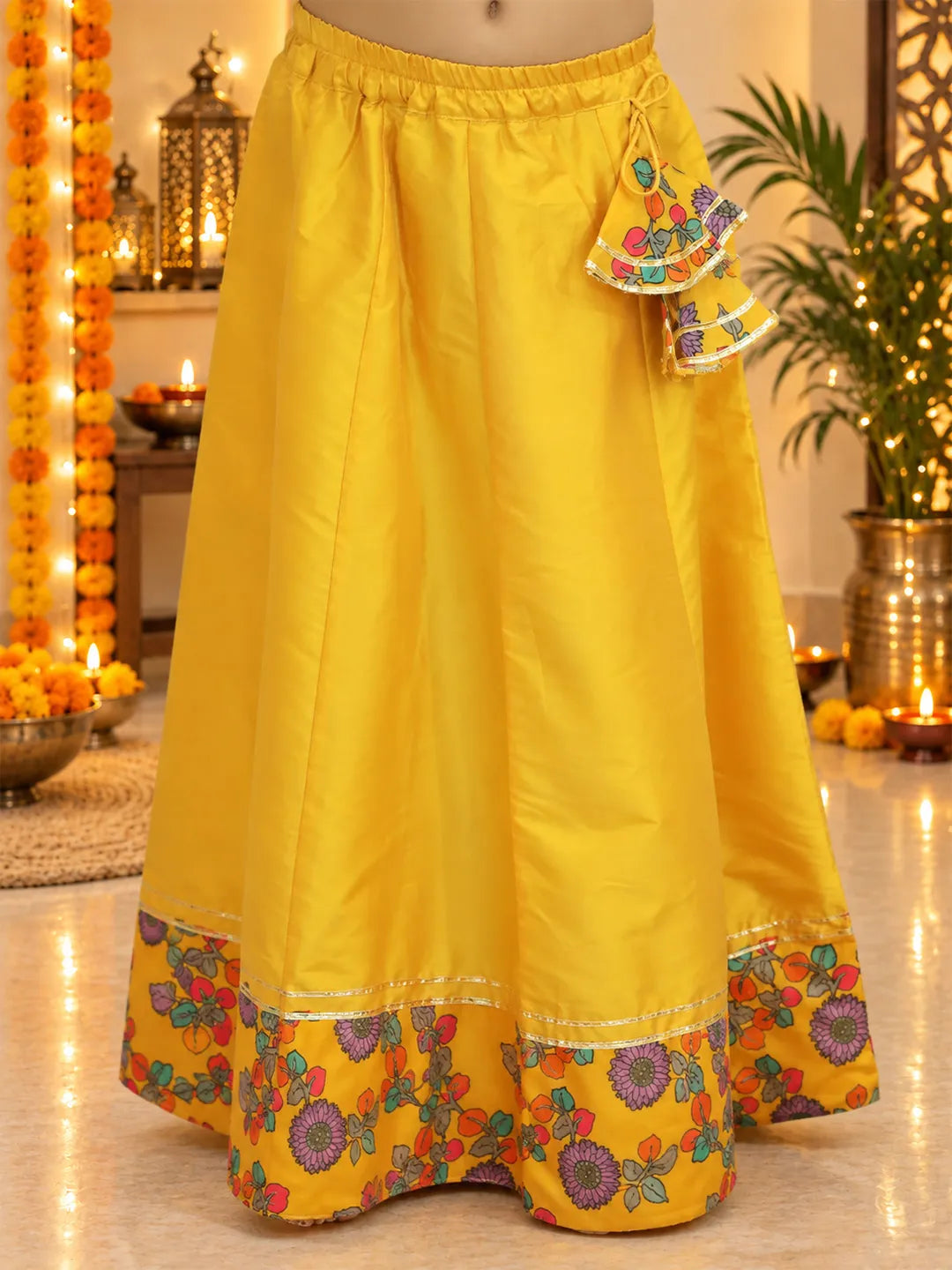 BownBee Chanderi Floral Top with Lehenga for Girls- Yellow