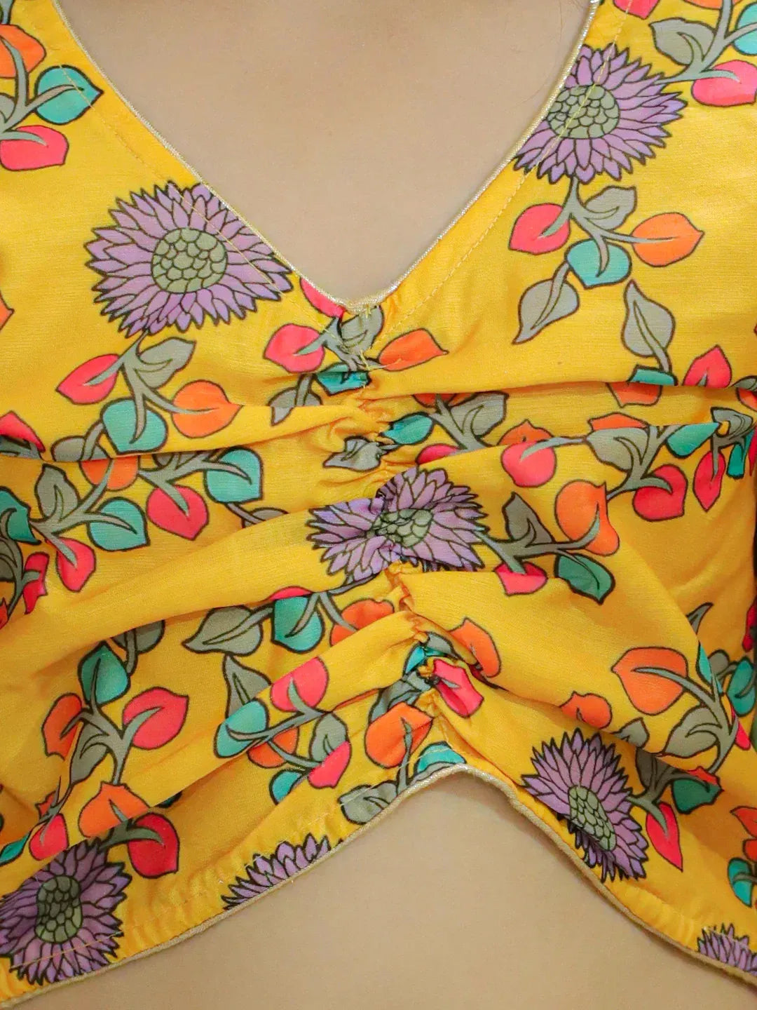 BownBee Chanderi Floral Top with Lehenga for Girls- Yellow