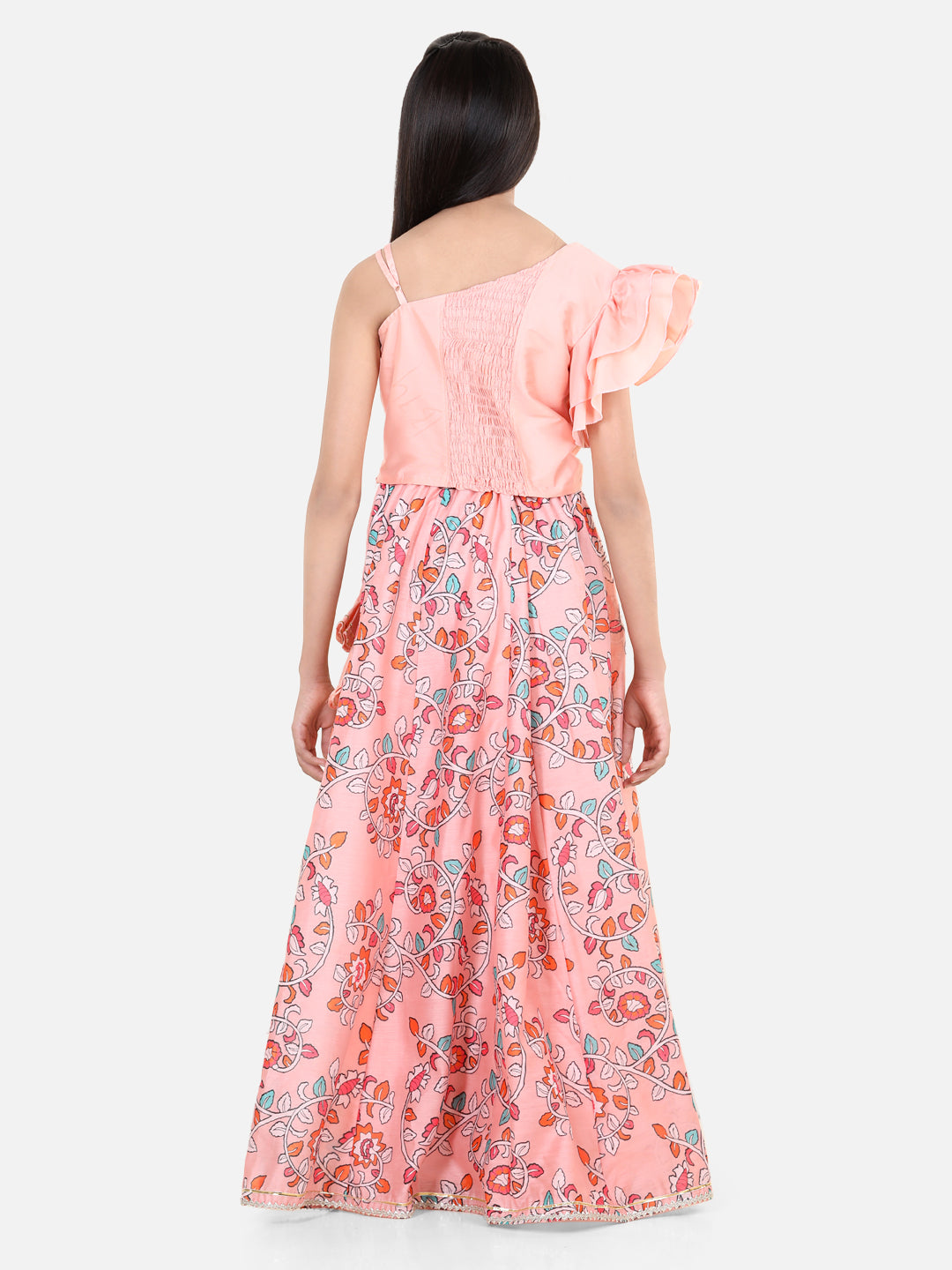BownBee Chanderi One Shoulder Top with Lehenga- Peach
