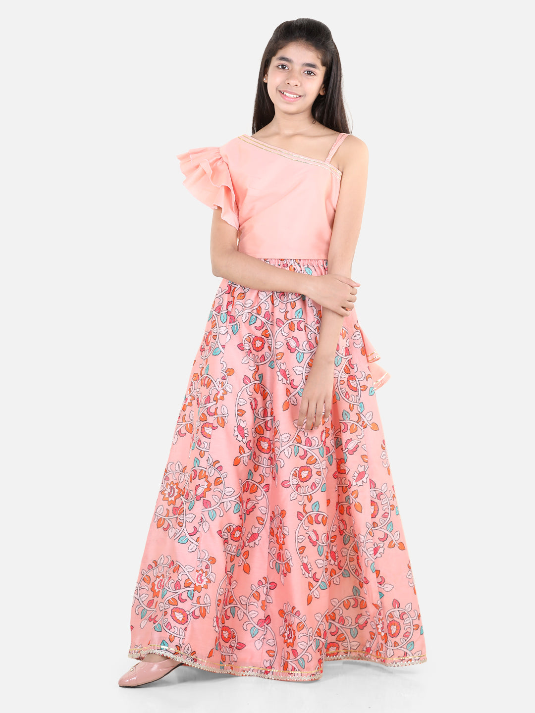 BownBee Chanderi One Shoulder Top with Lehenga- Peach