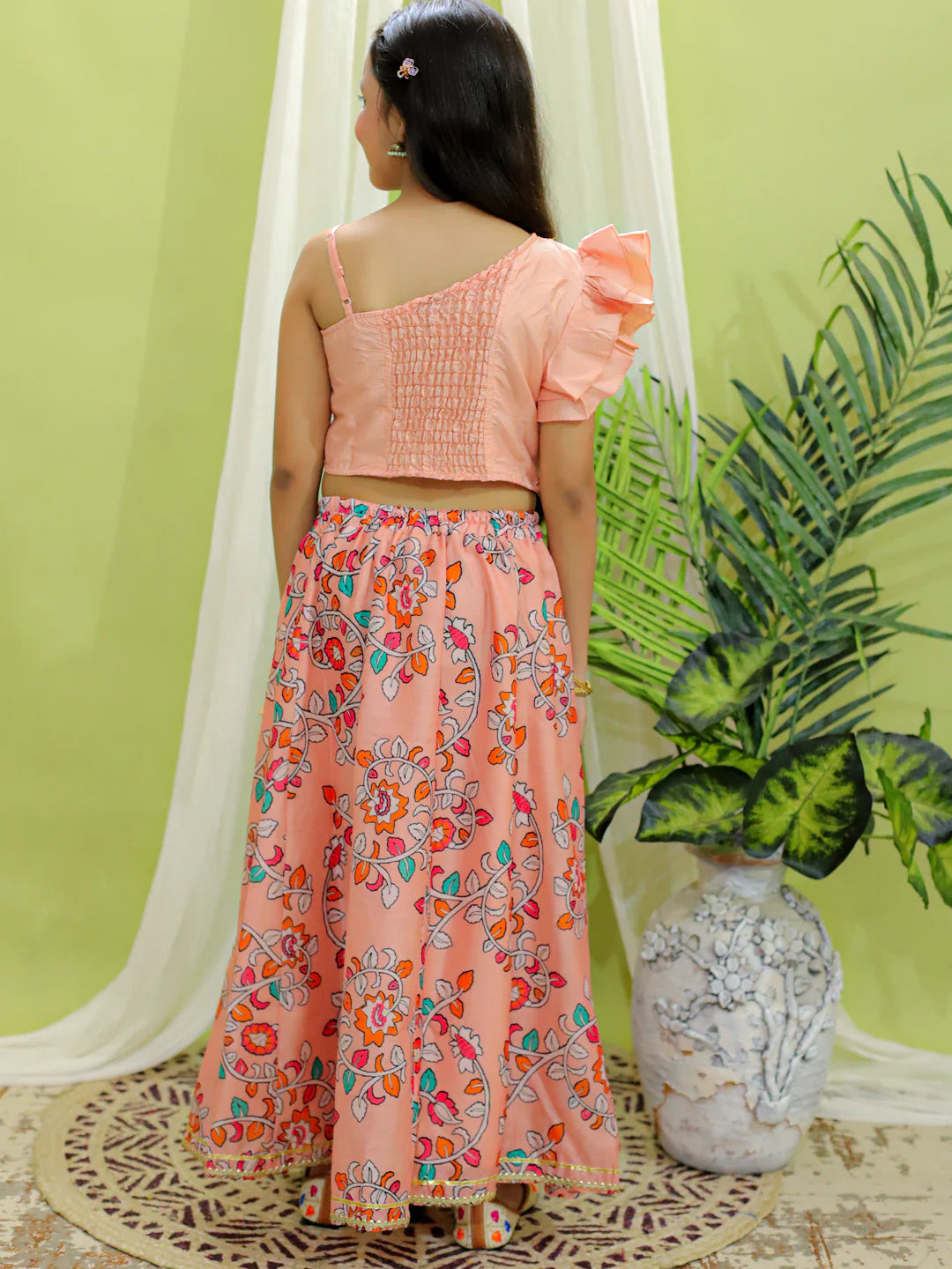 BownBee Chanderi One Shoulder Top with Lehenga