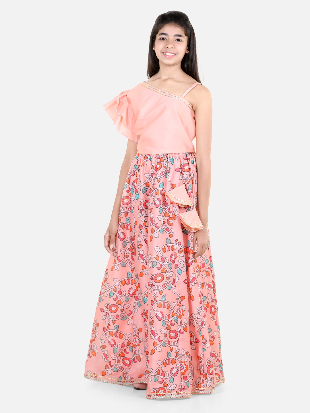 BownBee Chanderi One Shoulder Top with Lehenga- Peach