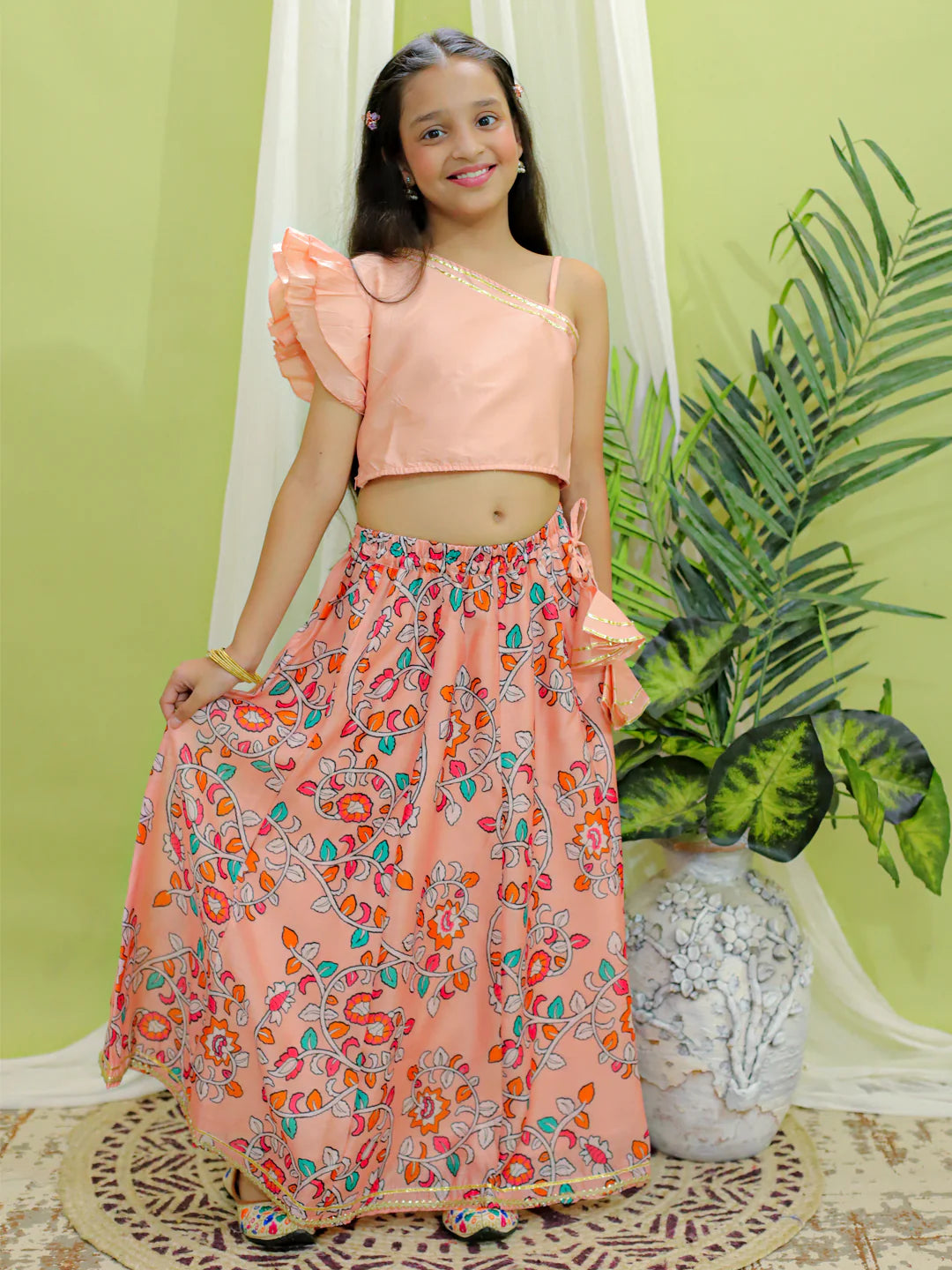 BownBee Chanderi One Shoulder Top with Lehenga