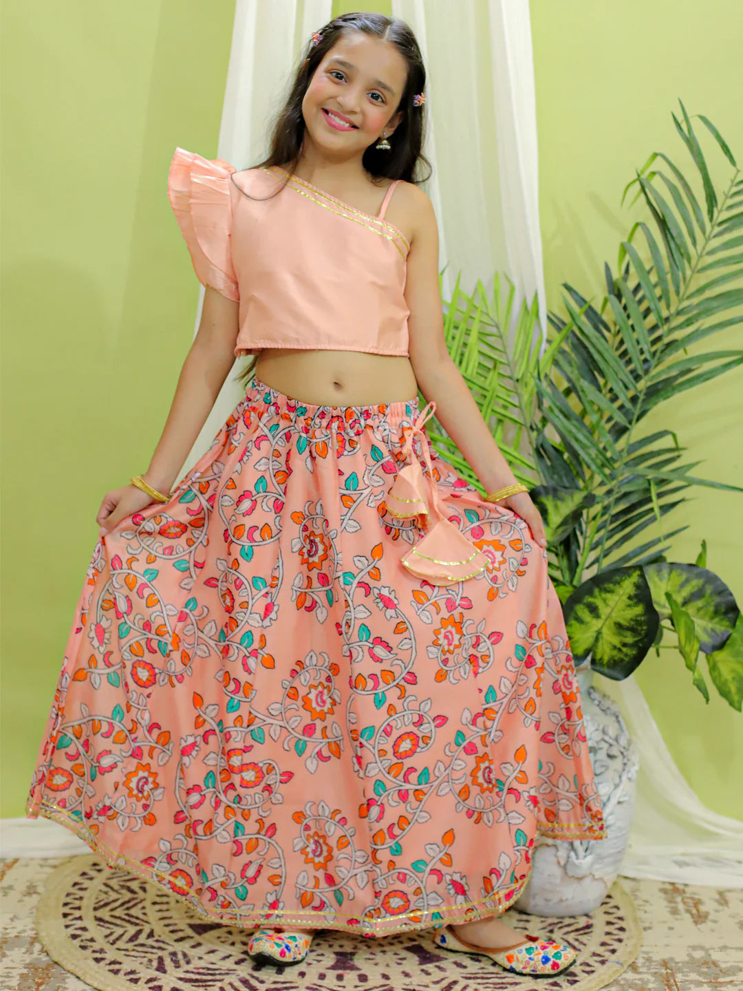 BownBee Chanderi One Shoulder Top with Lehenga