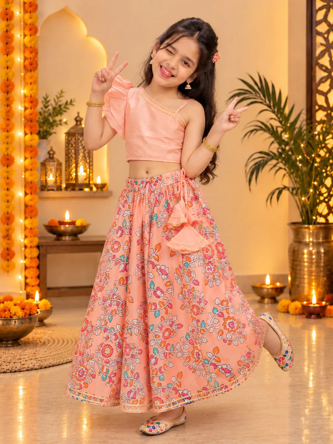 BownBee Chanderi One Shoulder Top with Lehenga Set For Girls - Peach