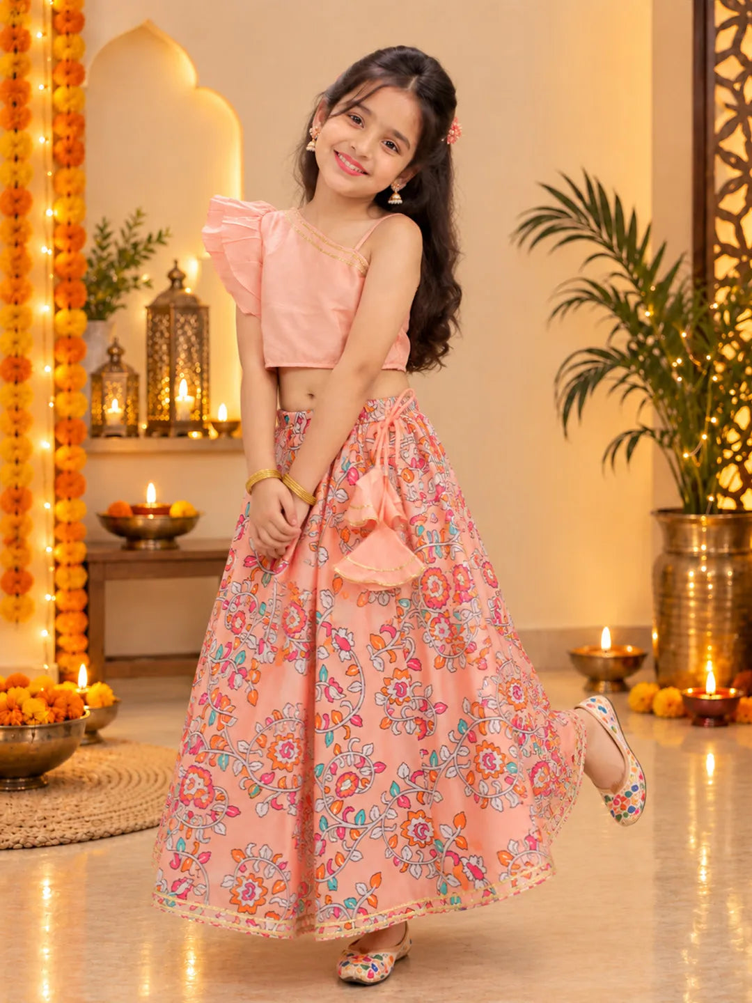 BownBee Chanderi One Shoulder Top with Lehenga Set For Girls - Peach