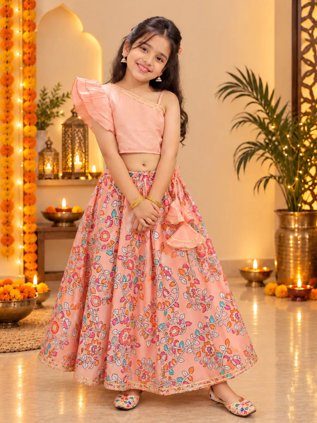 BownBee Chanderi One Shoulder Top with Lehenga Set For Girls - Peach