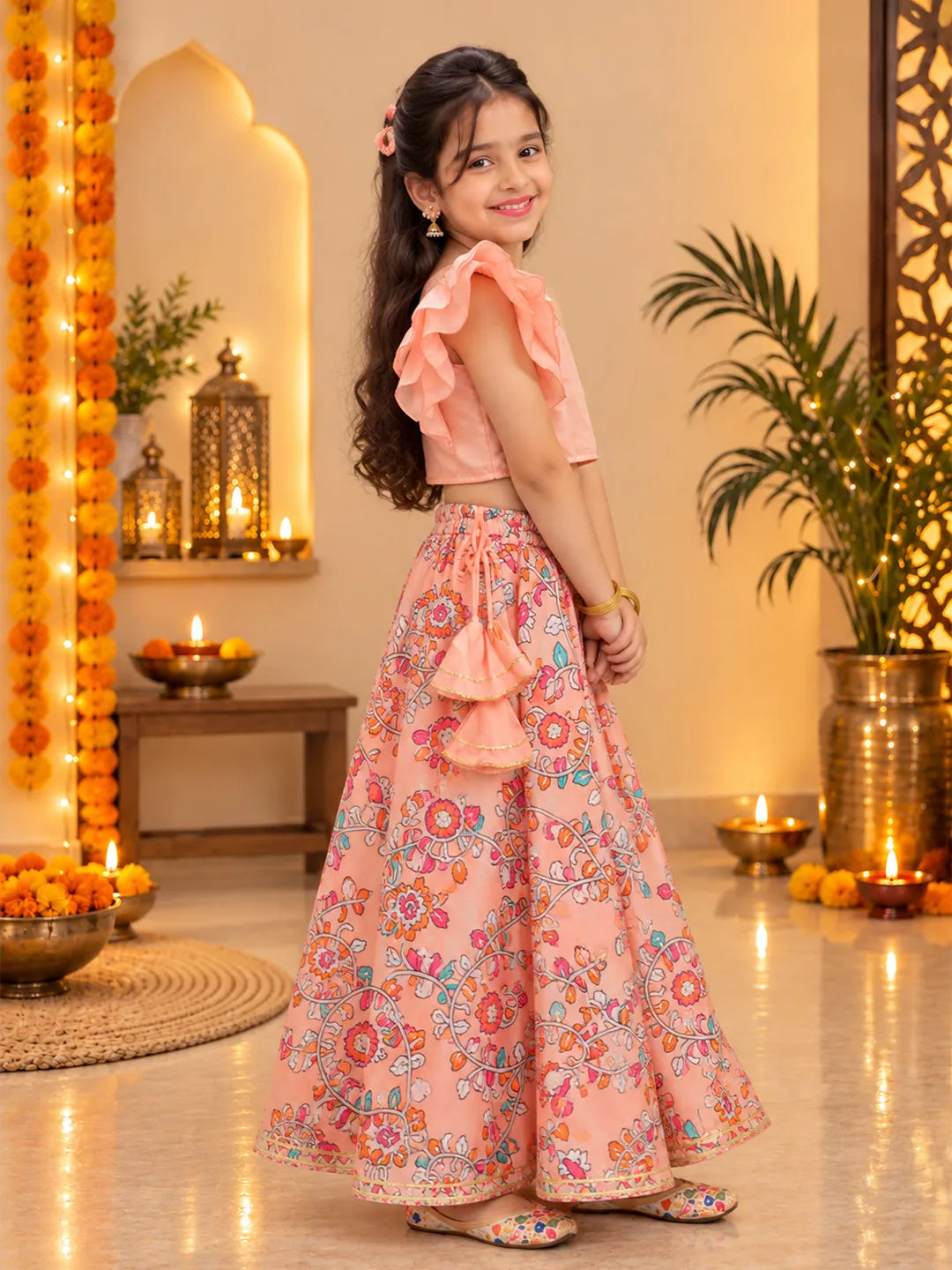 BownBee Chanderi One Shoulder Top with Lehenga Set For Girls - Peach