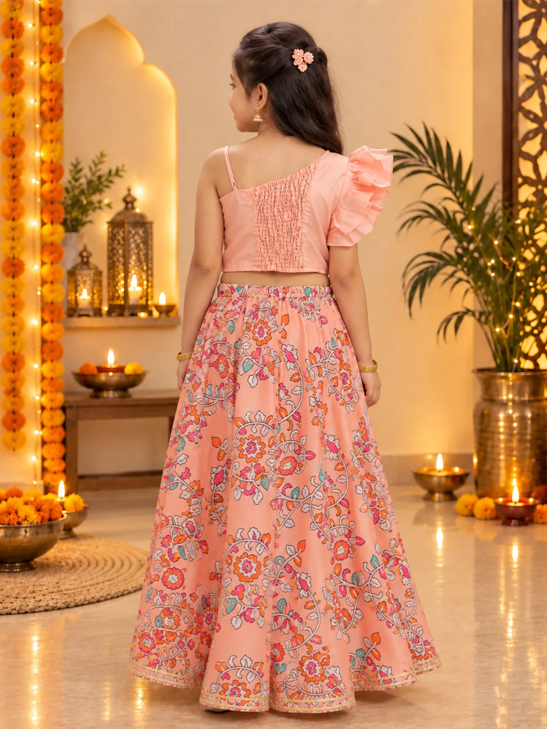 BownBee Chanderi One Shoulder Top with Lehenga Set For Girls - Peach