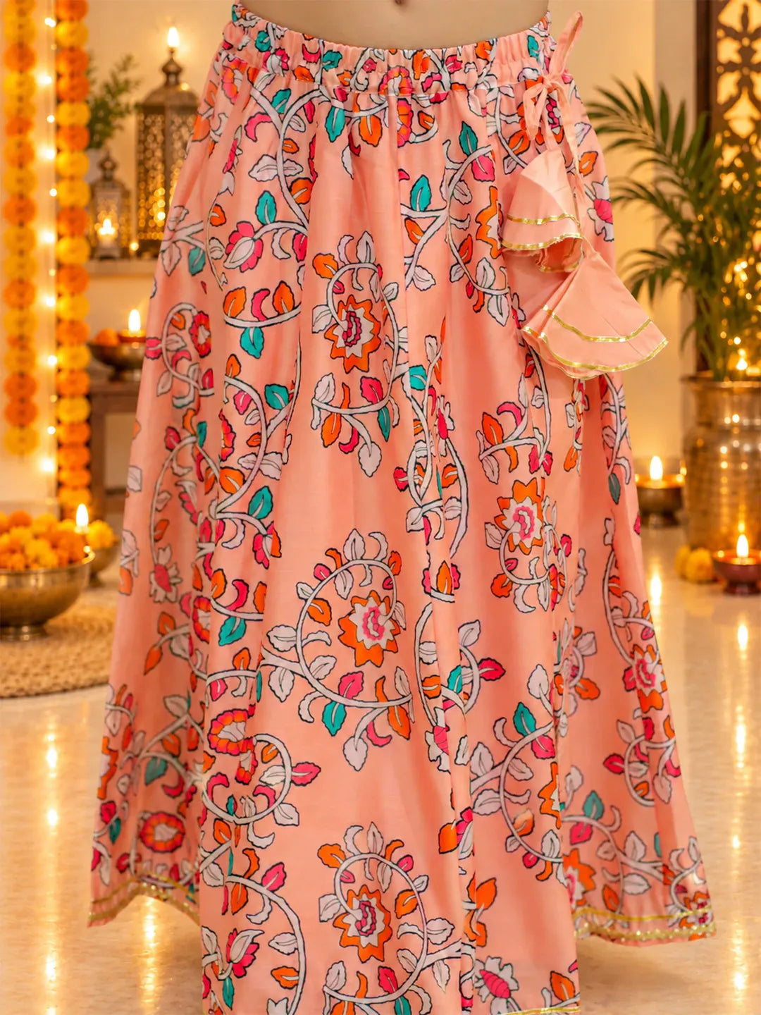 BownBee Chanderi One Shoulder Top with Lehenga Set For Girls - Peach
