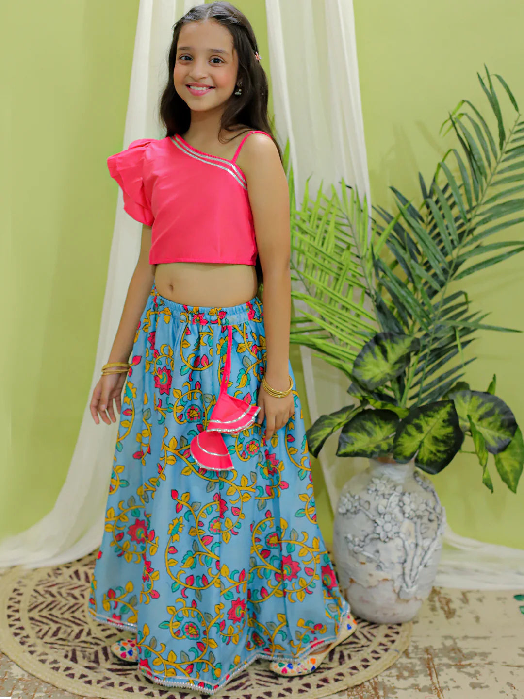 BownBee Chanderi One Shoulder Top with Lehenga