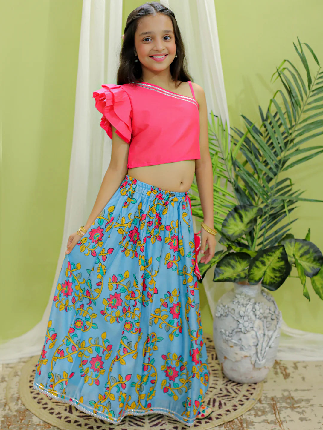 BownBee Chanderi One Shoulder Top with Lehenga