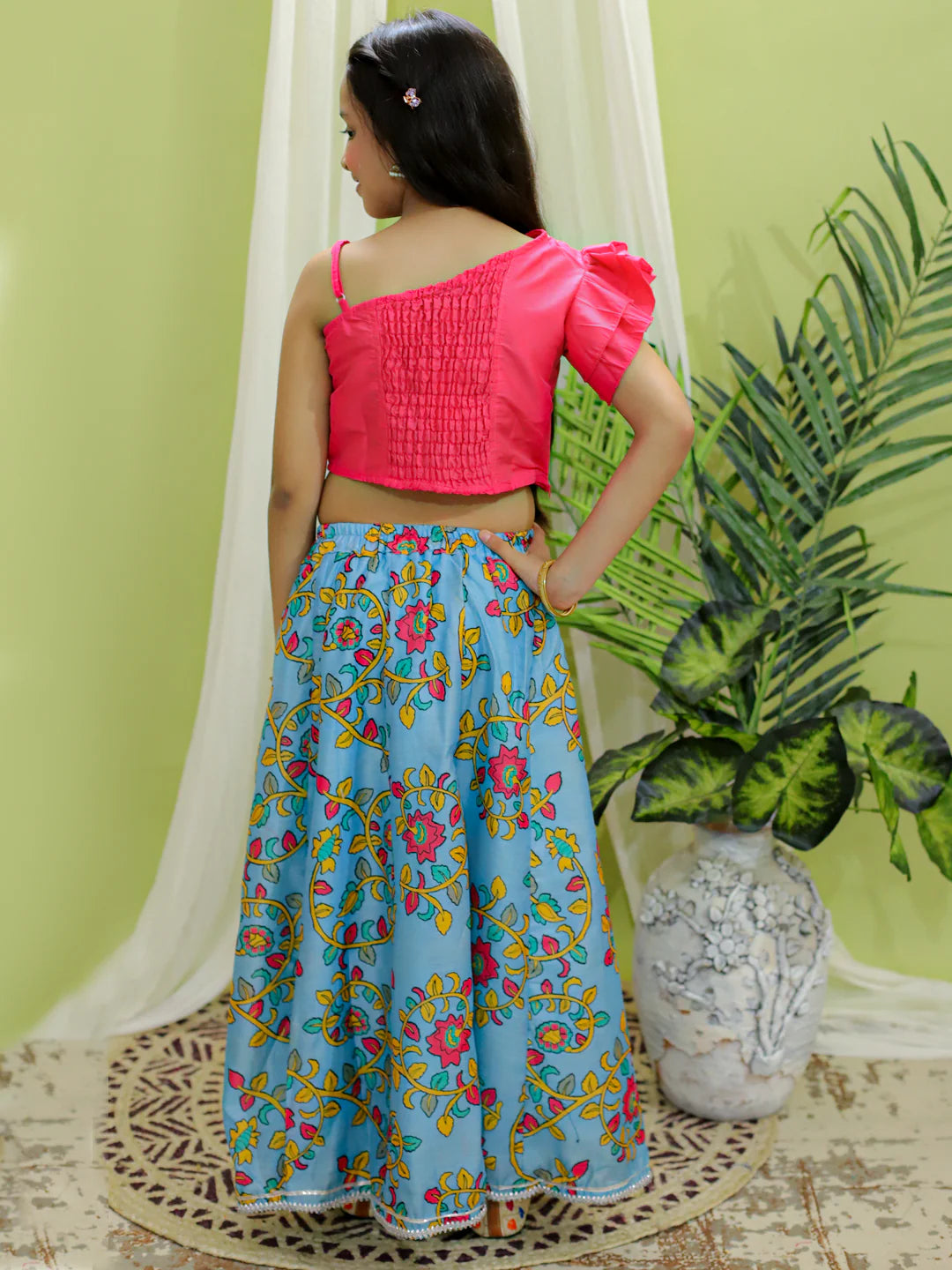 BownBee Chanderi One Shoulder Top with Lehenga