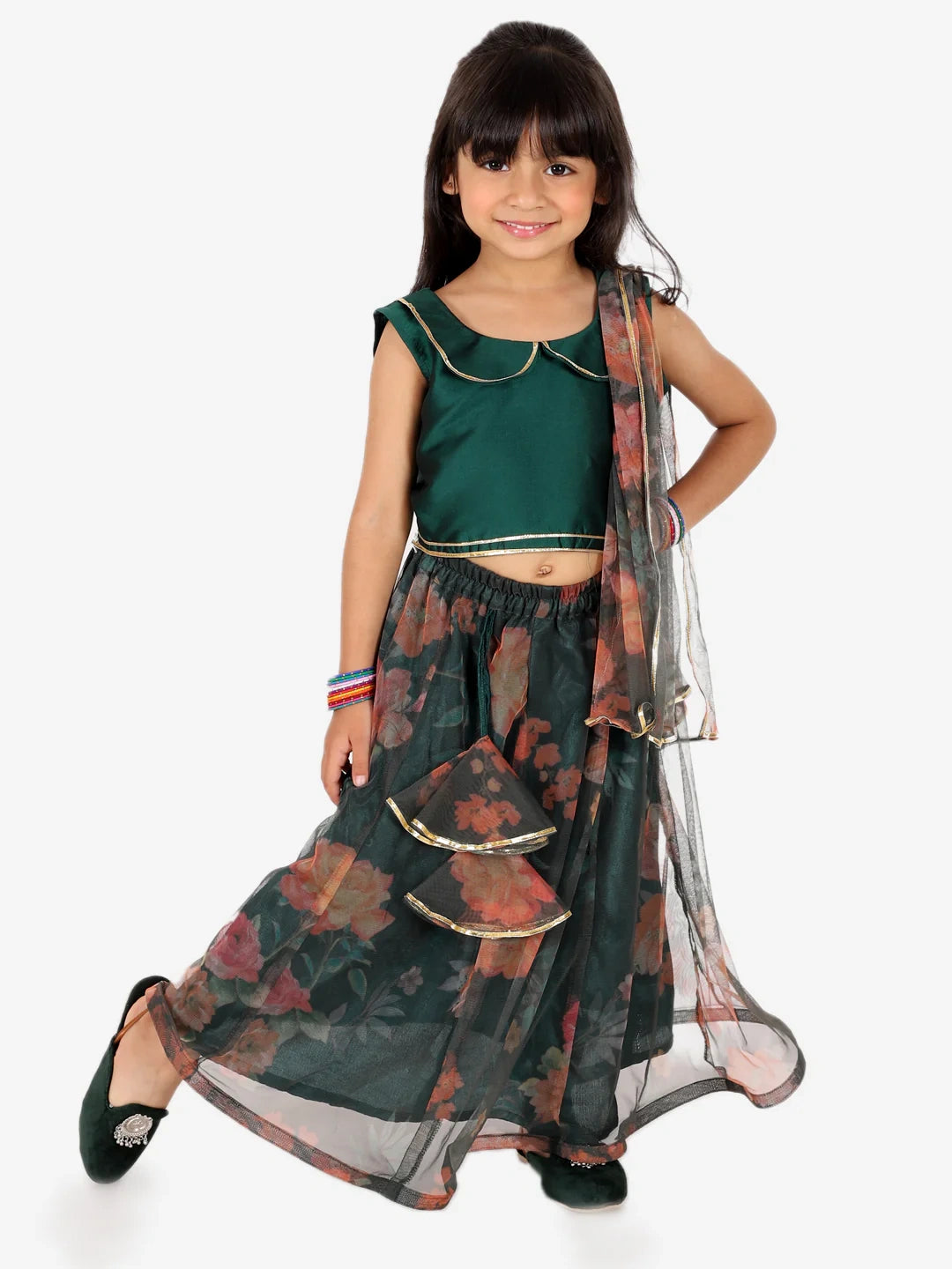BownBee Chanderi Choli with Floral Net Lehenga with Attached Dupatta