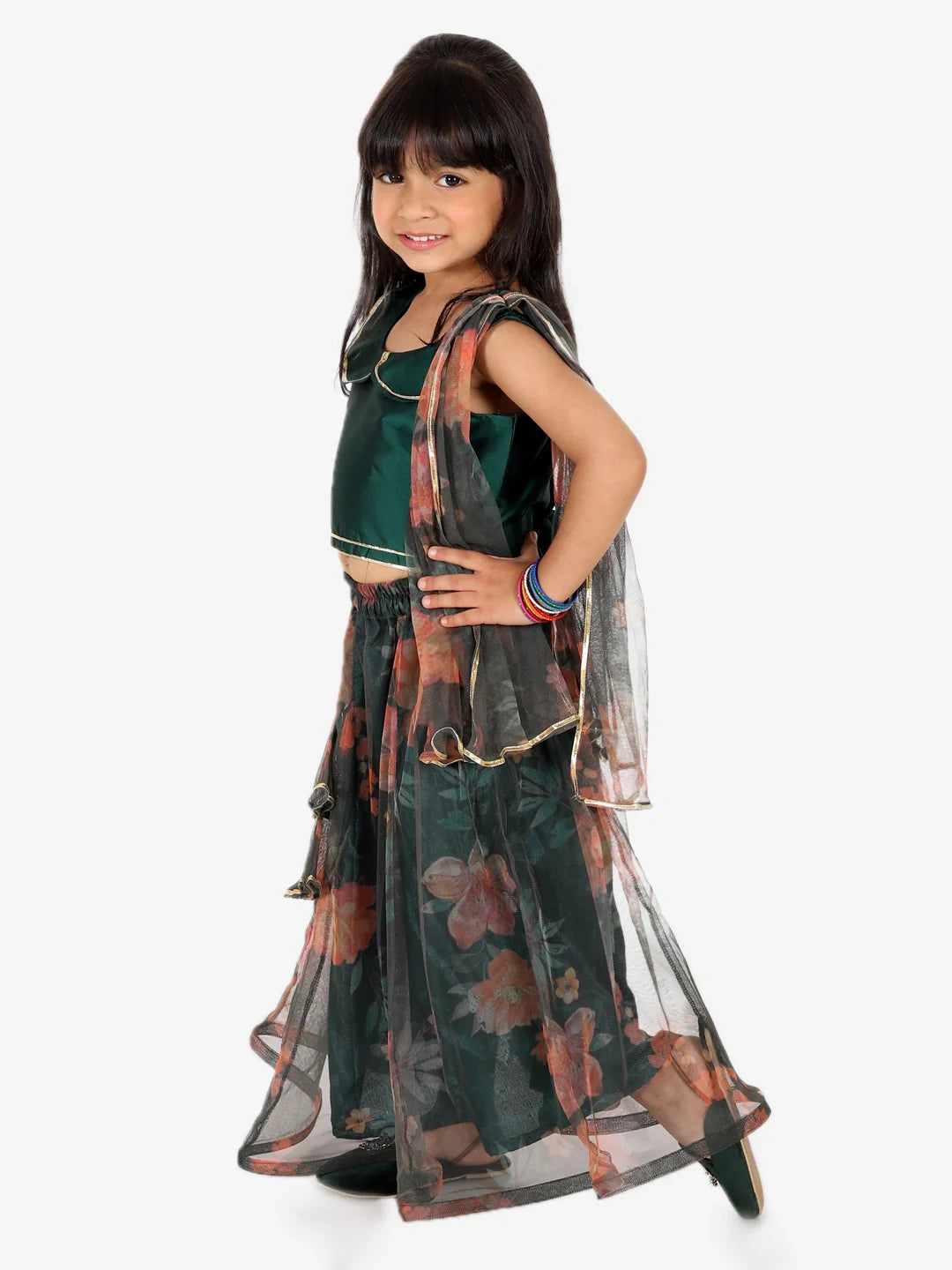 BownBee Chanderi Choli with Floral Net Lehenga with Attached Dupatta