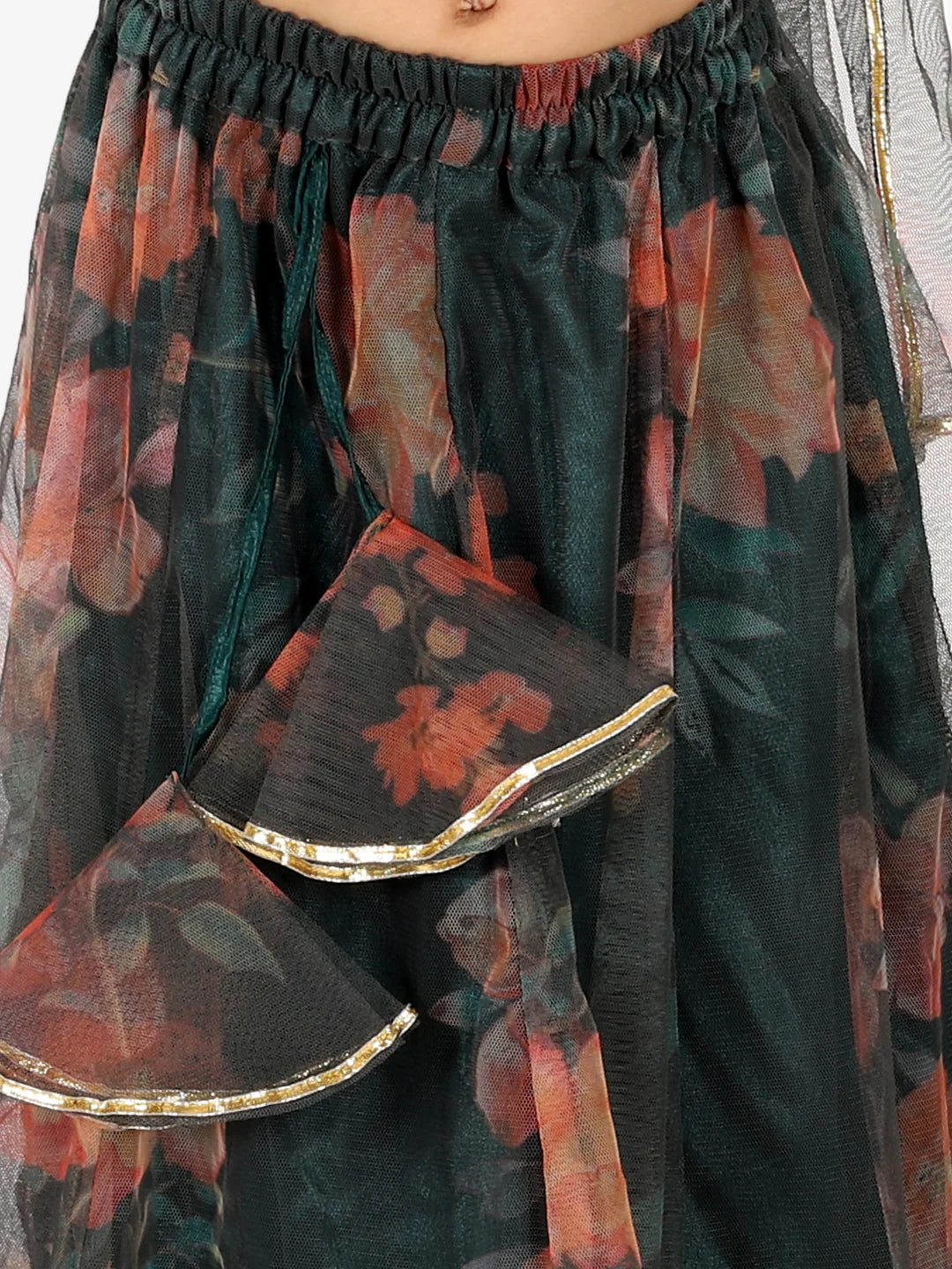 BownBee Chanderi Choli with Floral Net Lehenga with Attached Dupatta