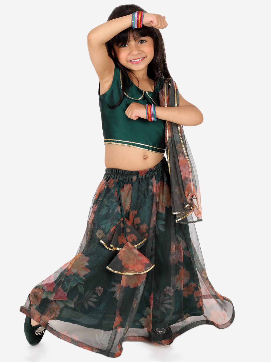 BownBee Chanderi Choli with Floral Net Lehenga with Attached Dupatta- Green