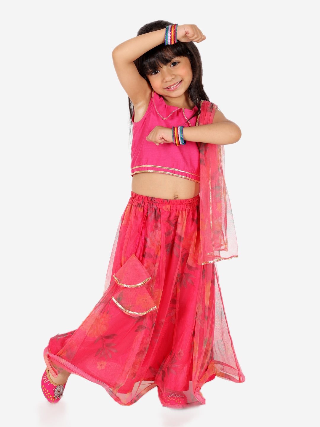 BownBee Chanderi Choli with Floral Net Lehenga with Attached Dupatta- Pink