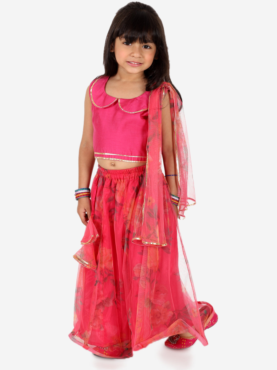 BownBee Chanderi Choli with Floral Net Lehenga with Attached Dupatta- Pink