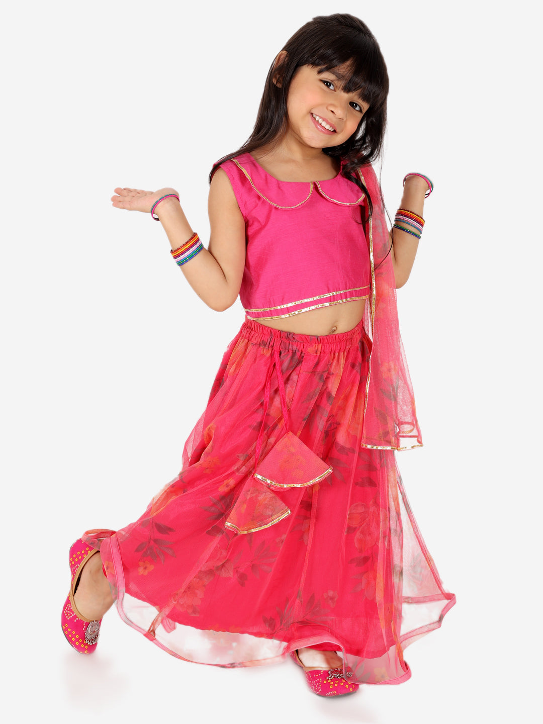 BownBee Girls Chanderi top with Floral Net Lehenga with Attached Dupatta- Pink