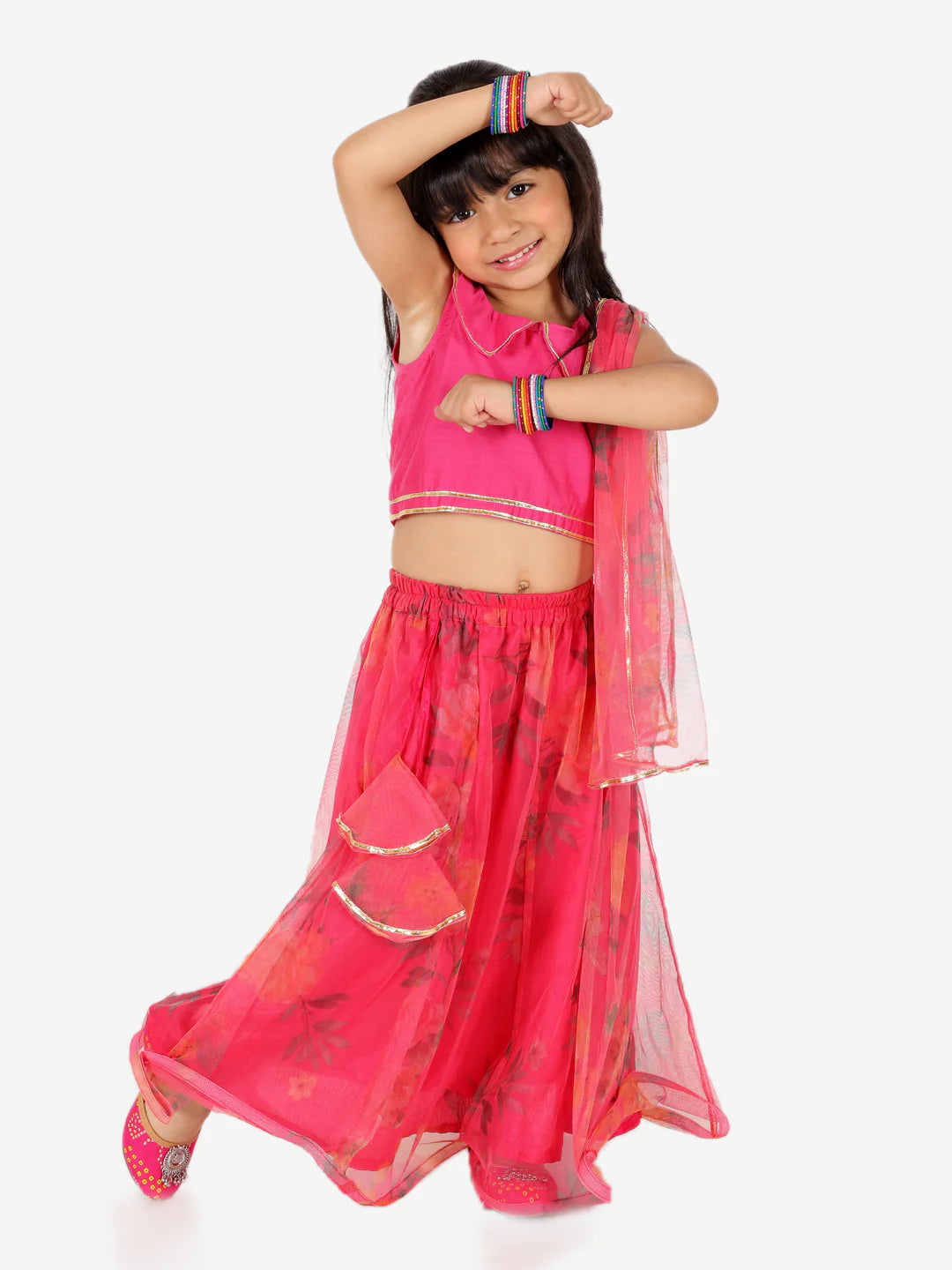 BownBee Girls Chanderi top with Floral Net Lehenga with Attached Dupatta