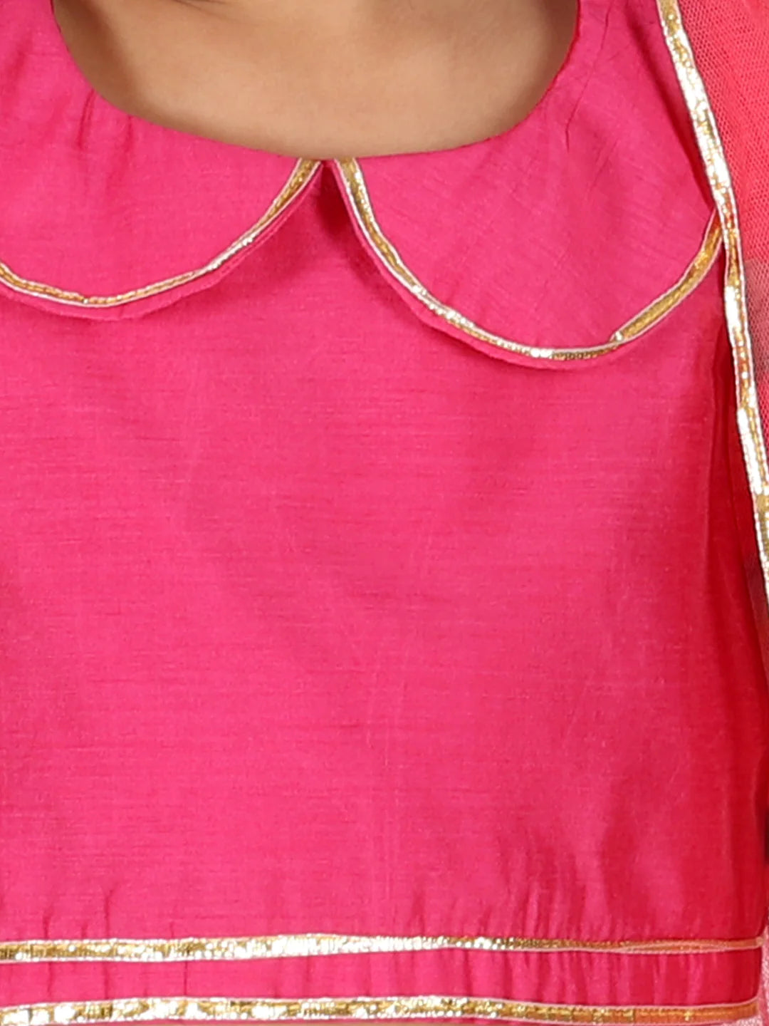 BownBee Girls Chanderi top with Floral Net Lehenga with Attached Dupatta