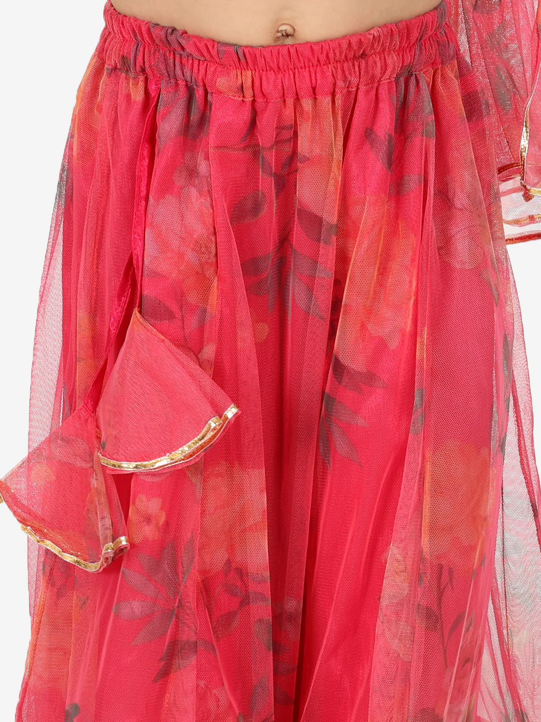 BownBee Girls Chanderi top with Floral Net Lehenga with Attached Dupatta