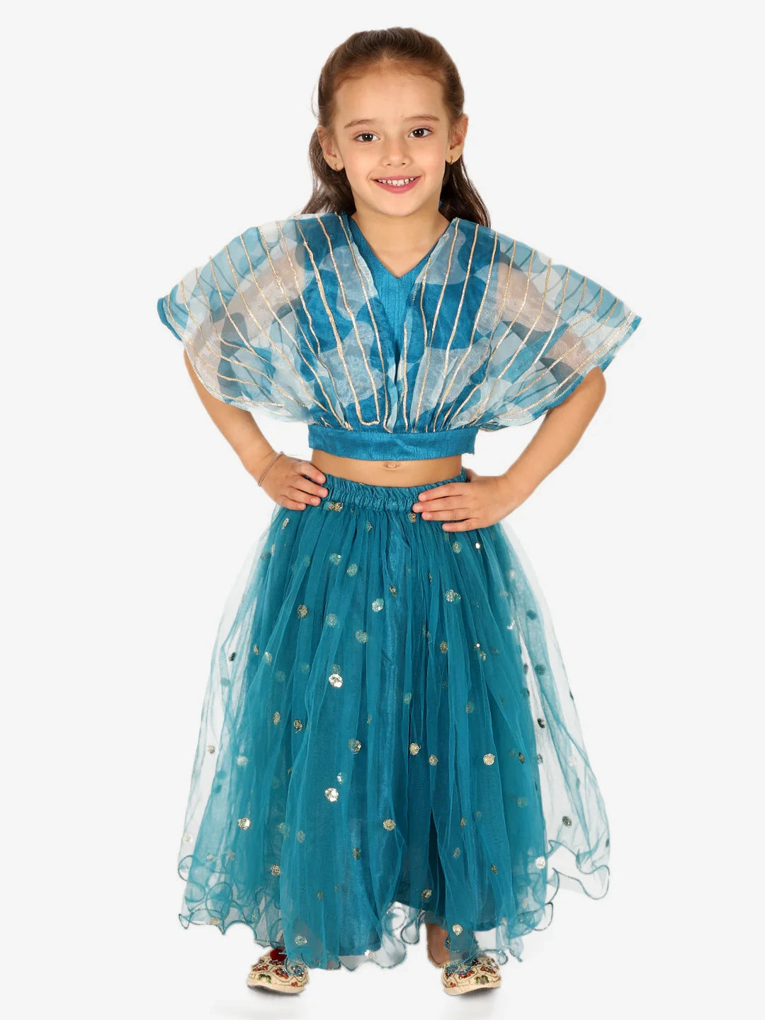BownBee Organza Cape Choli with Sequined Net Lehenga for Girls