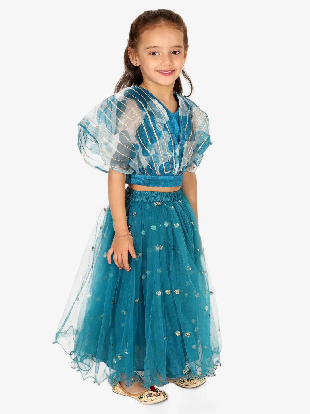 BownBee Organza Cape Choli with Sequined Net Lehenga for Girls