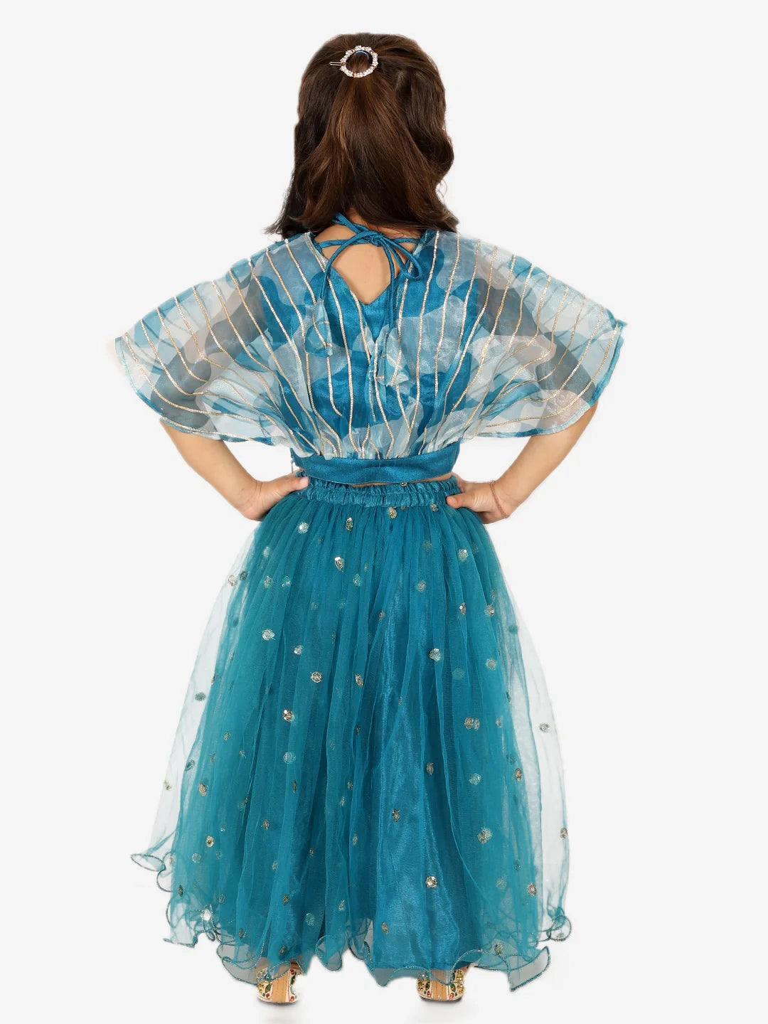 BownBee Organza Cape Choli with Sequined Net Lehenga for Girls