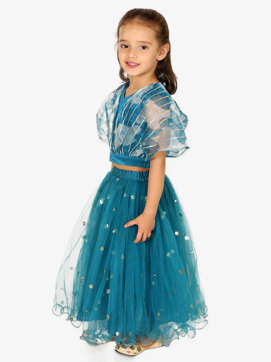 BownBee Organza Cape Choli with Sequined Net Lehenga for Girls