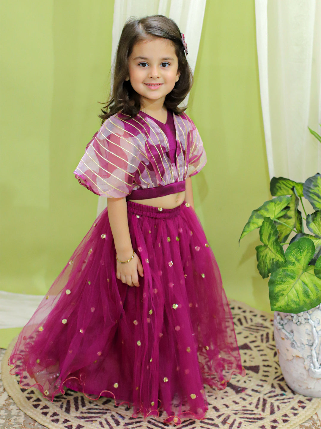 BownBee Organza Cape Top with Sequined Net Lehenga for Girls- Purple