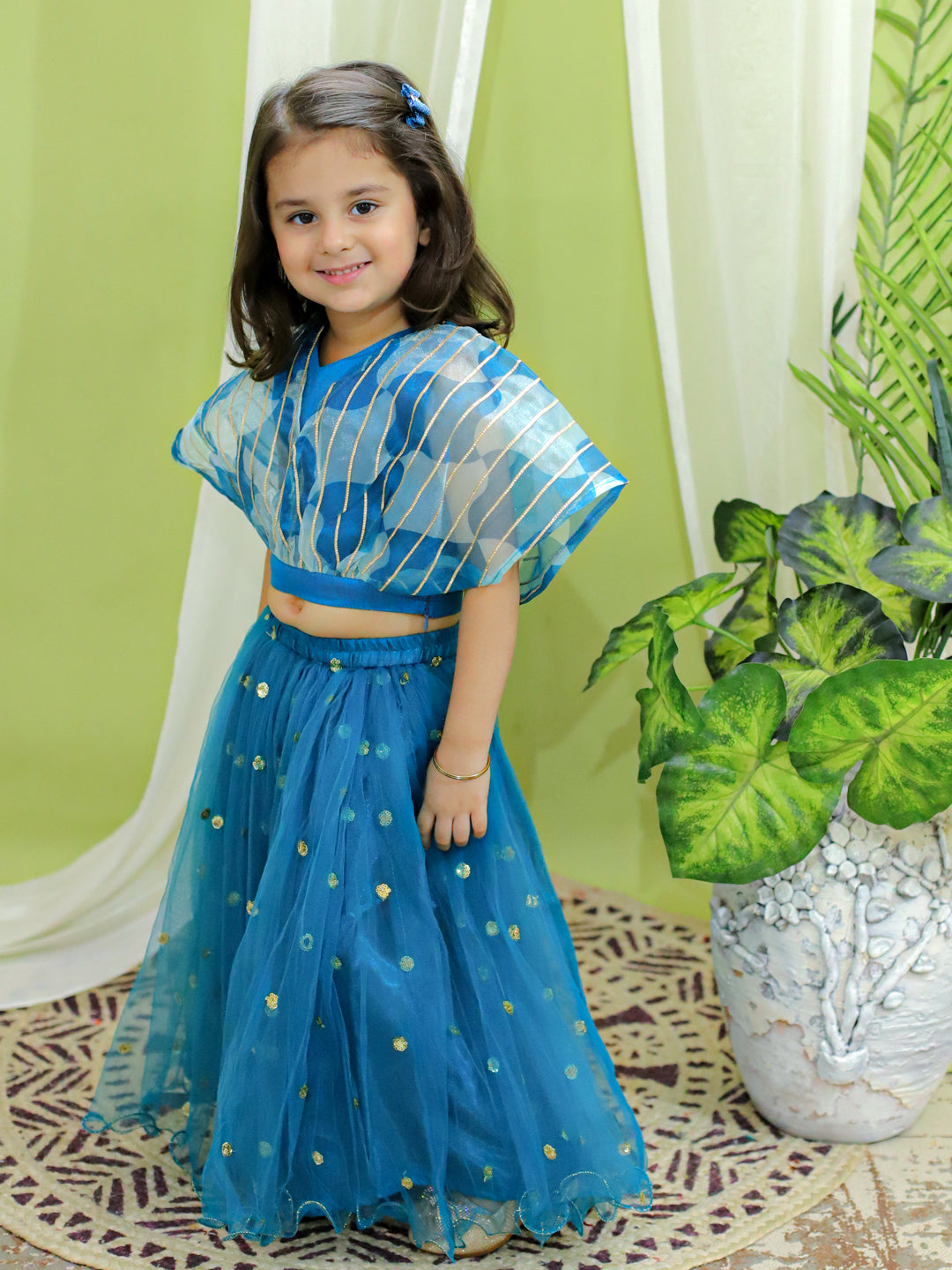 BownBee Organza Cape Top with Sequined Net Lehenga for Girls- Blue