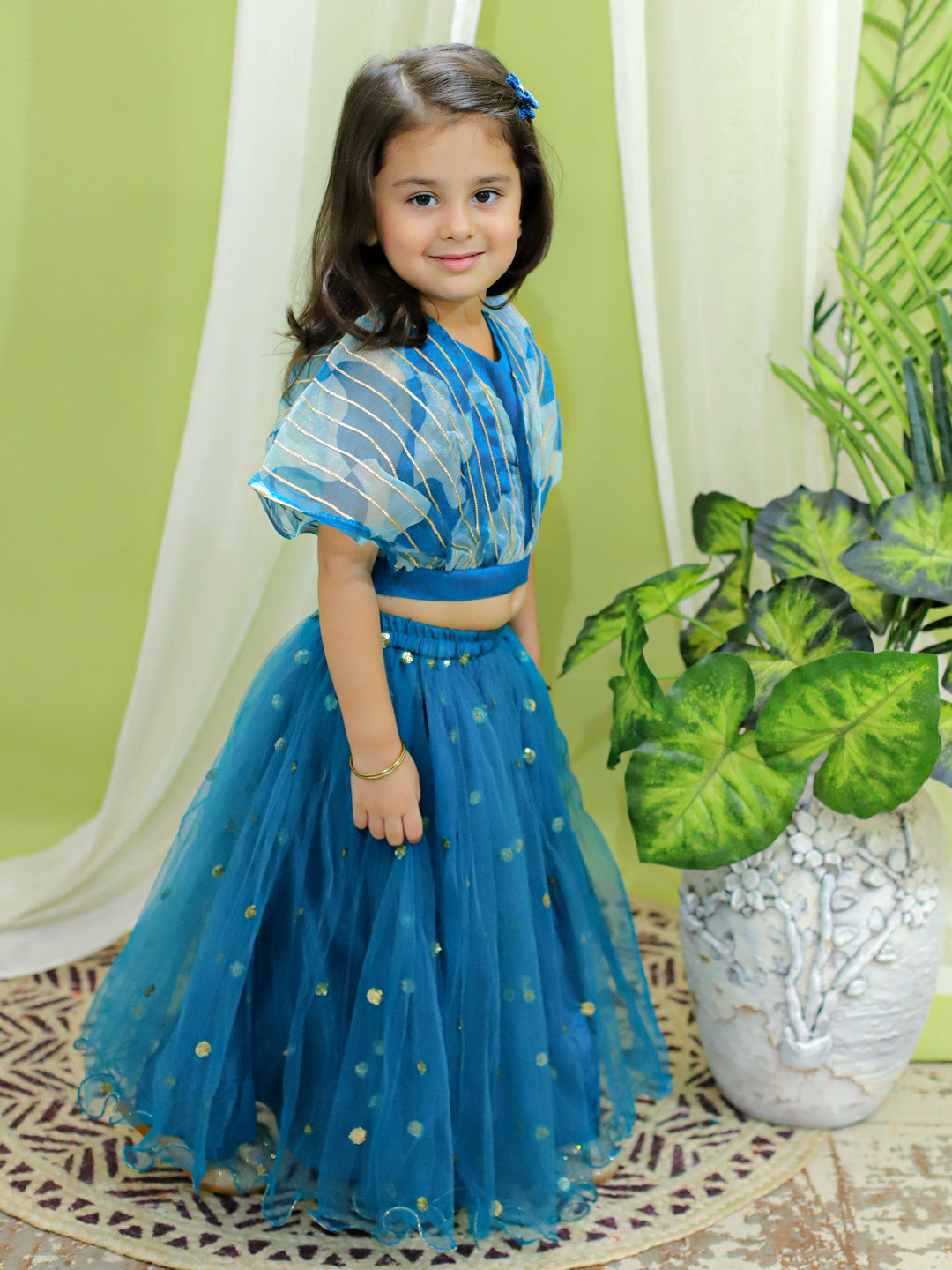 BownBee Organza Cape Top with Sequined Net Lehenga for Girls- Blue