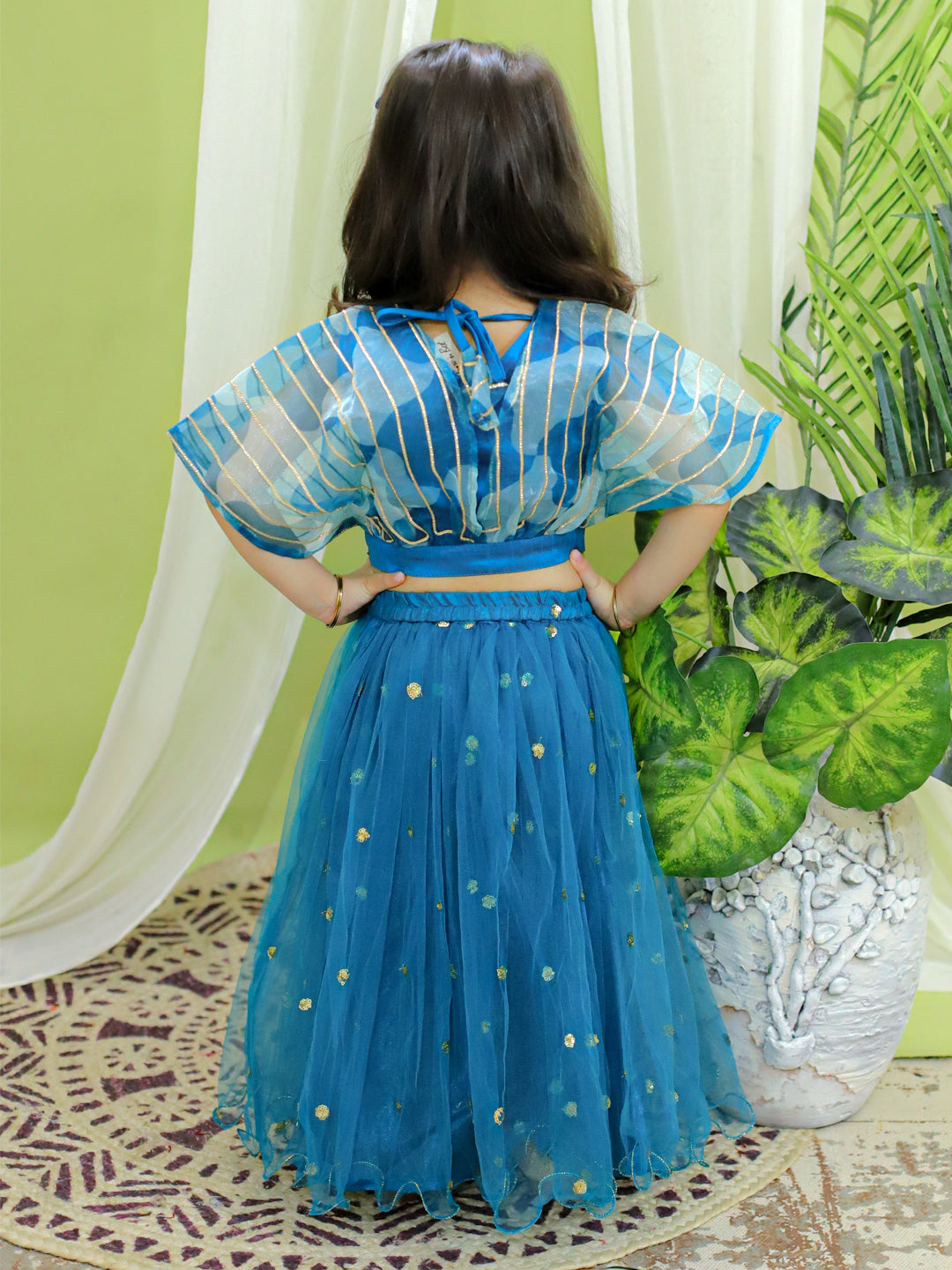 BownBee Organza Cape Top with Sequined Net Lehenga for Girls- Blue